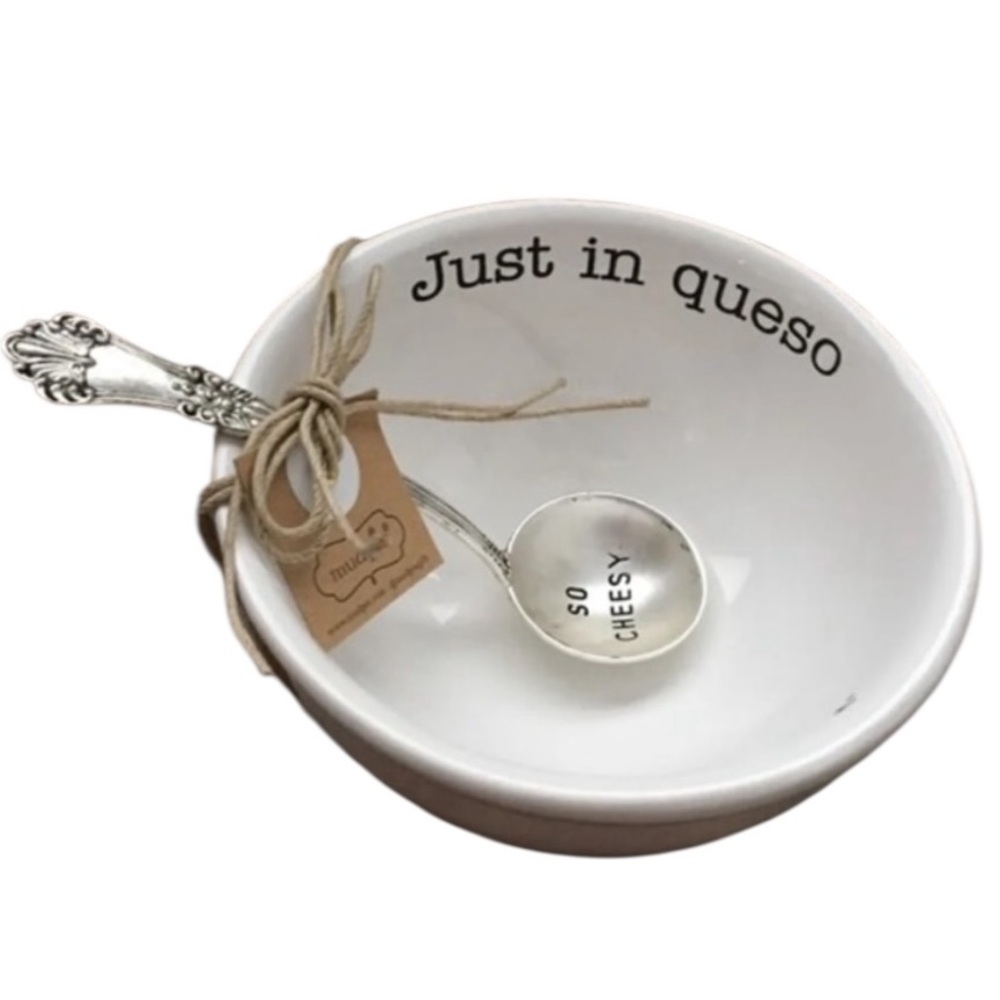Mud Pie JUST IN QUESO Dip Set White Bowl Silver Engraved Spoon NWT - Picture 6 of 6